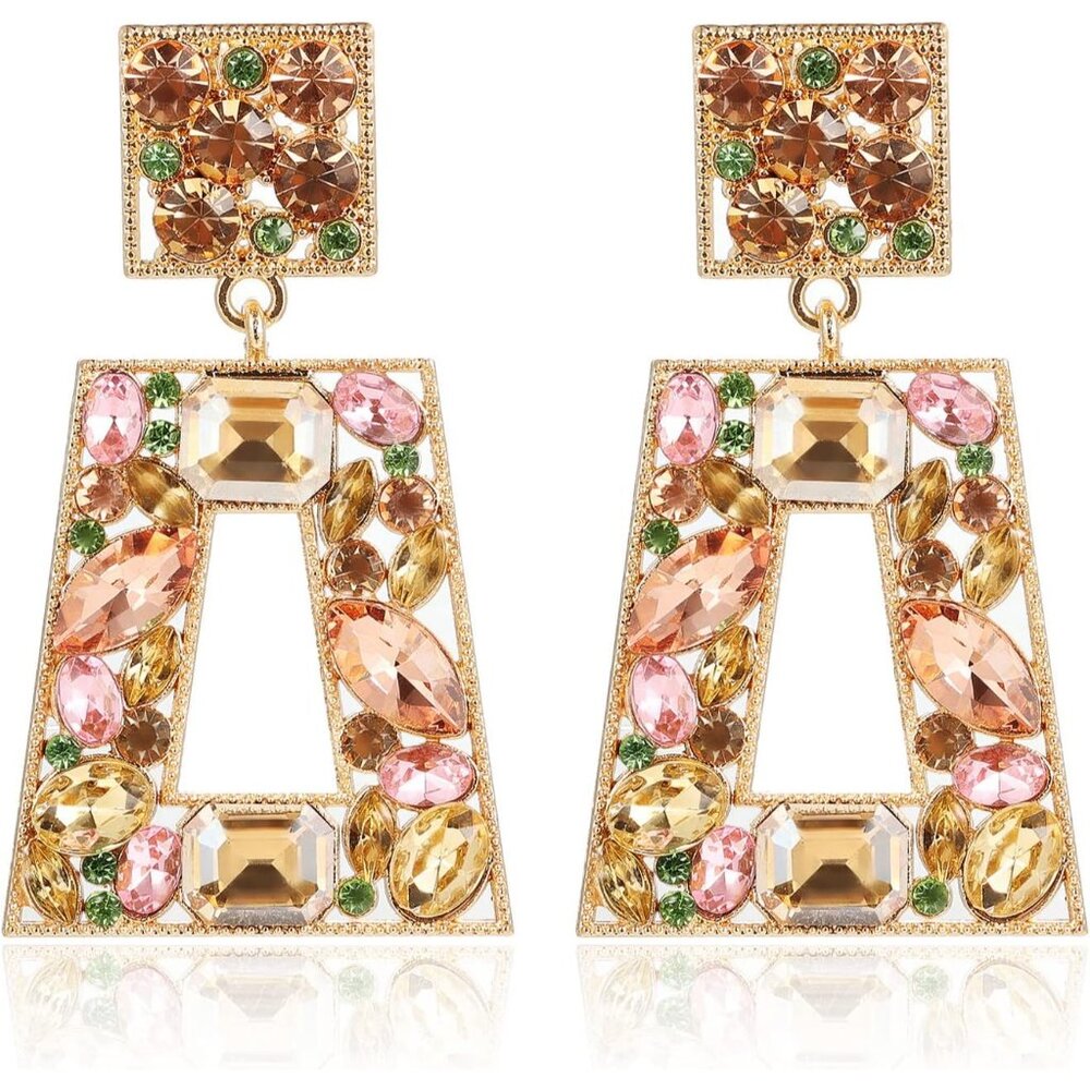 Rhinestone Rectangle Statement Earrings Colorful … - image 1